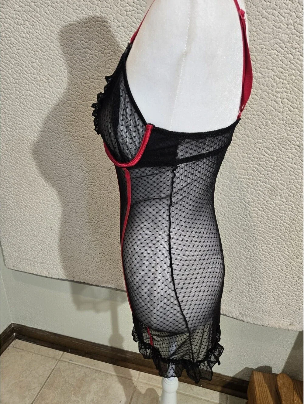 fredericks of hollywood lace Corset Bodysuit Mesh Black/red Trim Vtg 90sY2k Sm